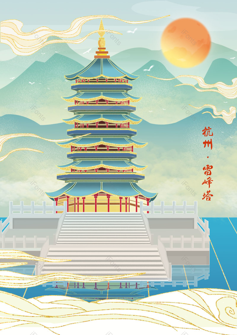 中国风国潮手绘建筑景点背景设计,插画/手绘图,插画/手绘图库,插画/手绘图下载,插画/手绘